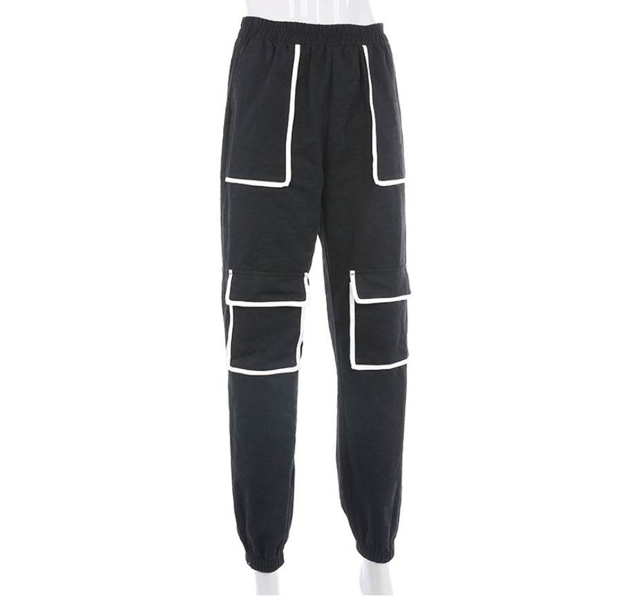 White Stripe Cargo Pants Women Trousers Pockets Patchwork Contrast Color High Waist Pants Hip Hop Capris - Mubimart