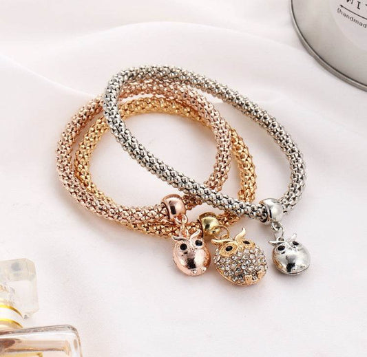 3 Pieces Set Crystal Bead Bracelet for Women Decorated with Crystal Owl Charm - Mubimart