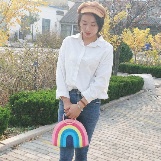 Rainbow portable straw woven bag beach women bag - Mubimart