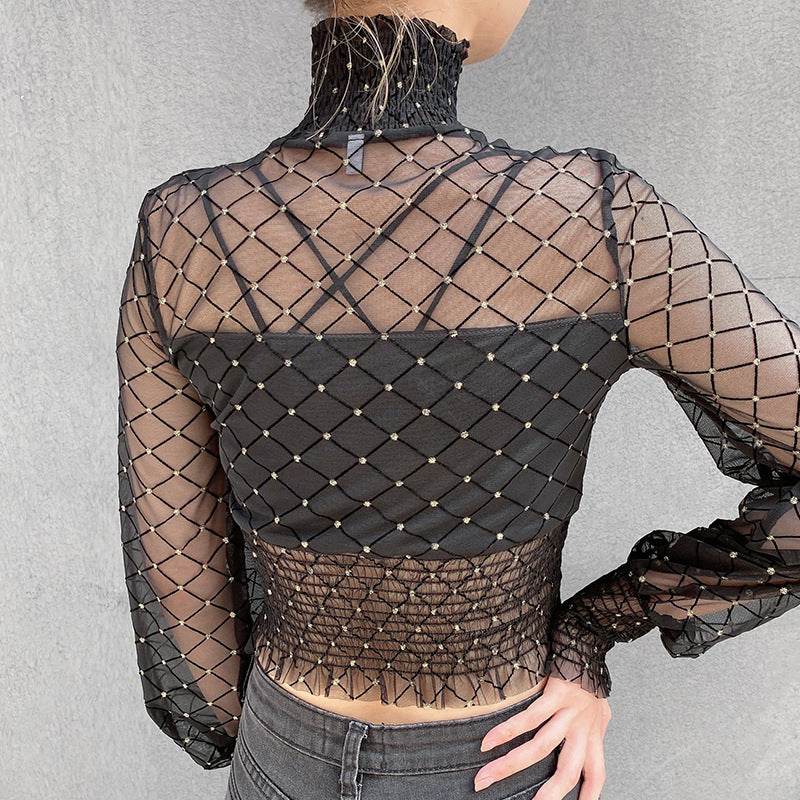 Turtleneck wrapped bra shirt fake two mesh - Mubimart