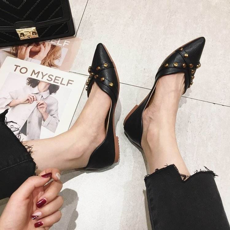 Pointed toe black flat shoes - Mubimart
