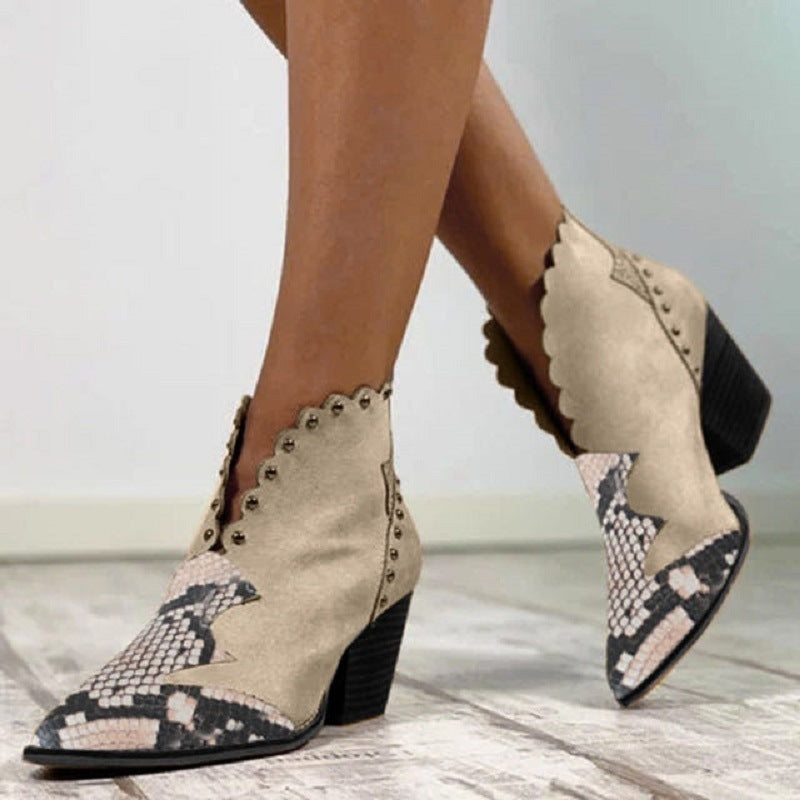 Block-heel rivet color-block snake print ankle boots