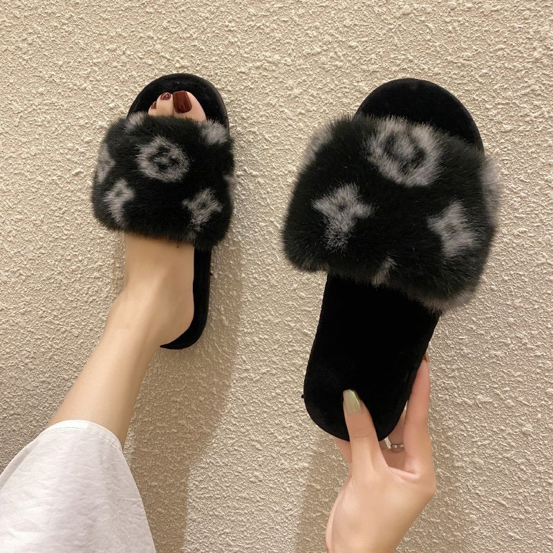 PVC word leopard wool slippers women - Mubimart -  