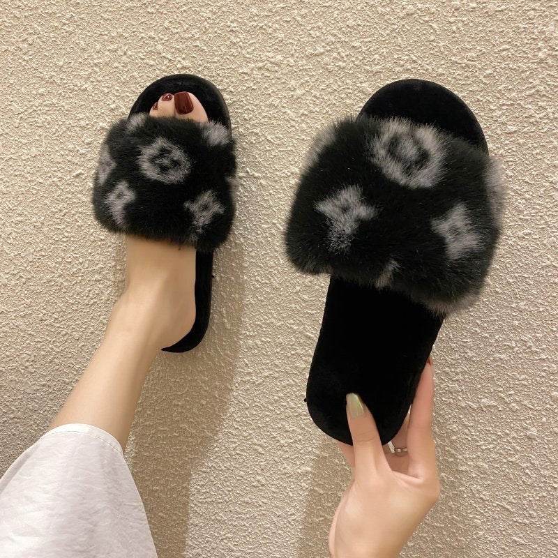 PVC word leopard wool slippers women - Mubimart