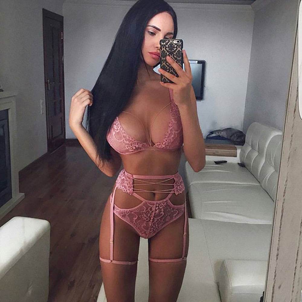 Three-Piece Sexy Lace Hollow Perspective Garter Belt - Mubimart