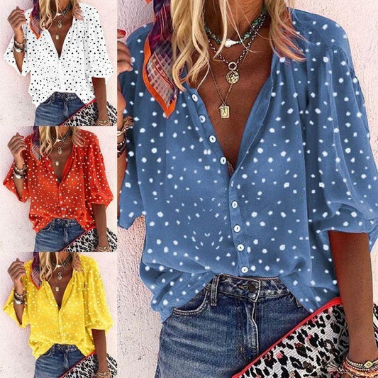 Printed Long Sleeve V-neck Button Ladies Blouse Women - Mubimart