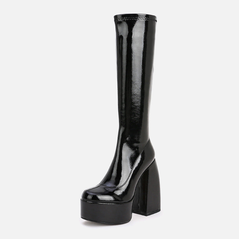 Tall Chunky Heel Round Toe Platform Stretch Boots Above Knee