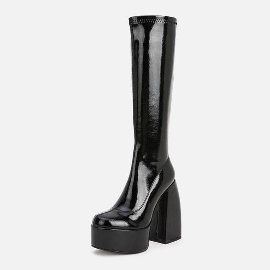 Tall Chunky Heel Round Toe Platform Stretch Boots Above Knee - Mubimart