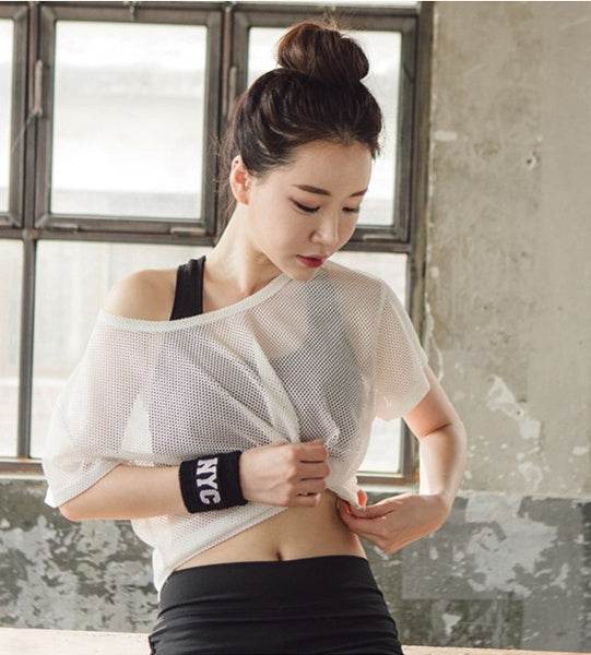 Women Yoga Shirt Hollow Out Mesh Blouse Crop Tops Sports Running Tshirt Breathable Fitness Tops Gym Clothing for Women - Mubimart