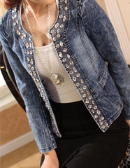 Spot stretch denim jacket rhinestone sequins retro short coat denim jacket denim jacket