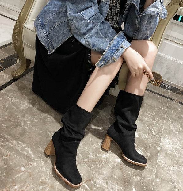 Block heel square toe high heels - Mubimart