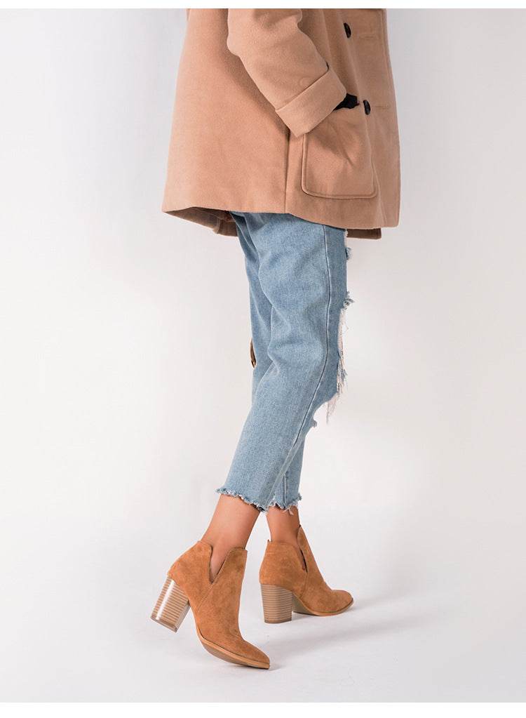 Chunky high-heeled solid color booties - Mubimart
