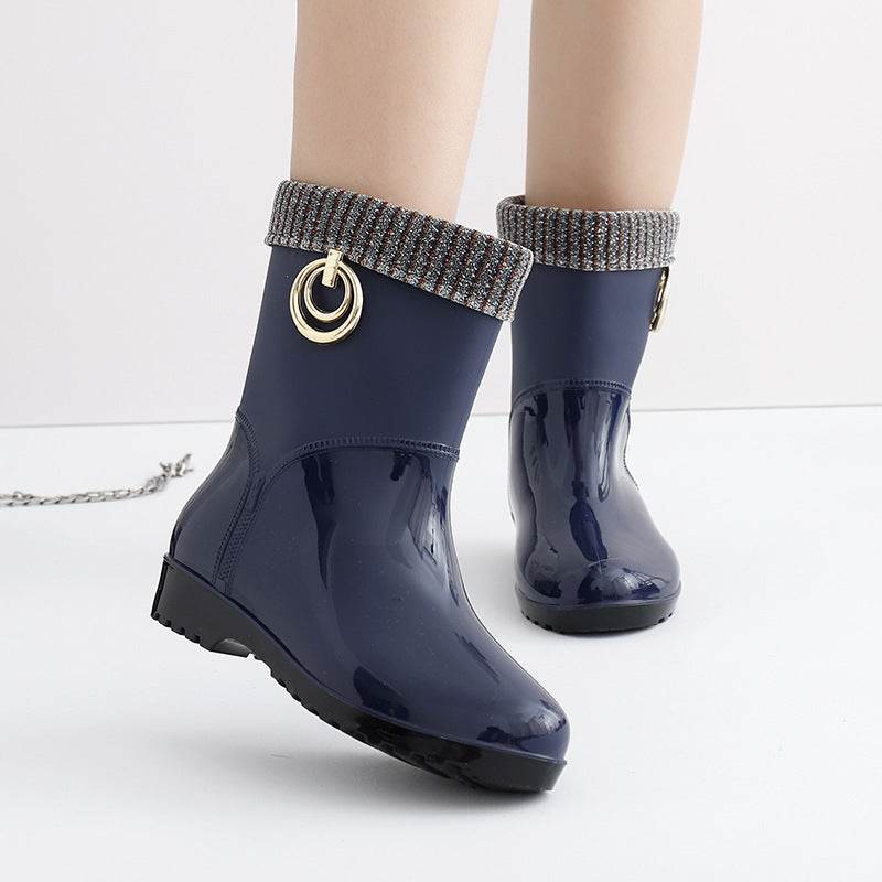 Rain boots women's drum plus cotton rain boots - Mubimart