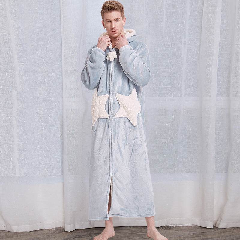 Women Men Winter Bath Robe Hooded Night Dress Gown Sleepwear - Mubimart