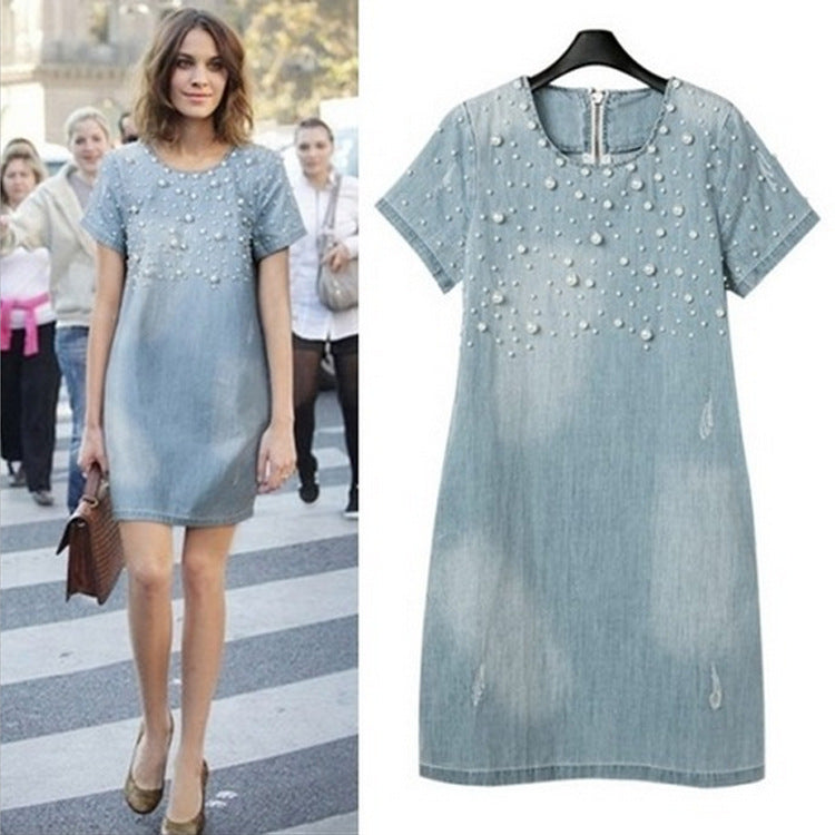 Summer new European and American large size women's washed beaded loose short-sleeved denim dress - Mubimart - Denim Dress 