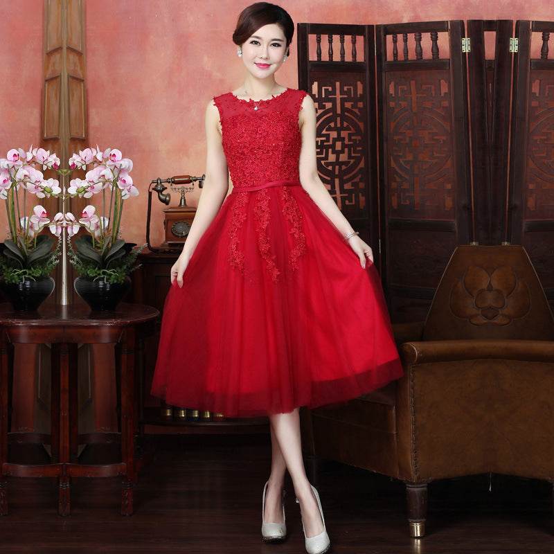 new mid-length pink evening dress banquet double shoulder graduation dress - Mubimart