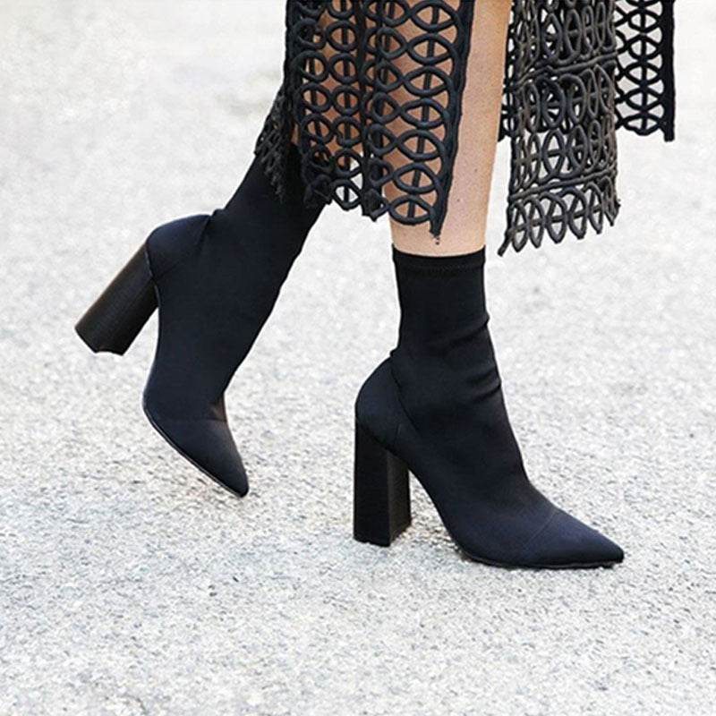 Wool stretch boots women thick heel sock boots ankle boots - Mubimart