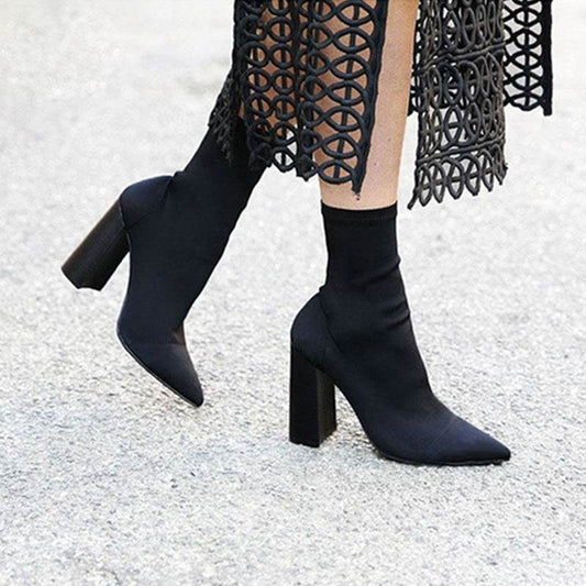 Wool stretch boots women thick heel sock boots ankle boots - Mubimart
