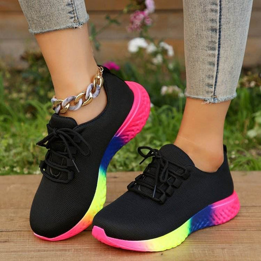 Lace-up Mesh Shoes With Rainbow Sole Design Fashion Walking Running Sports Shoes Sneakers For Women - Mubimart