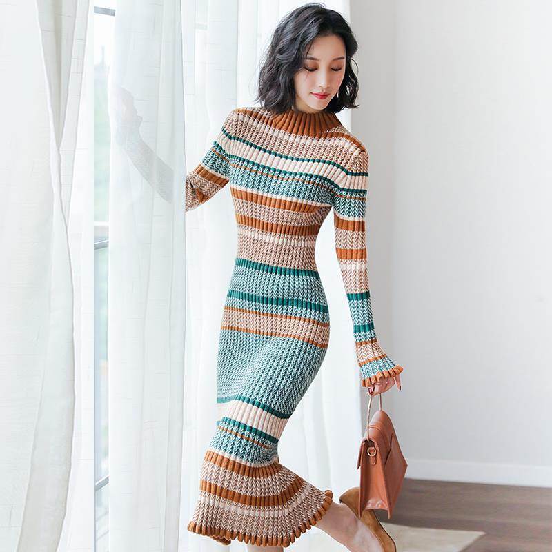 Knit Turtleneck Dress - Mubimart