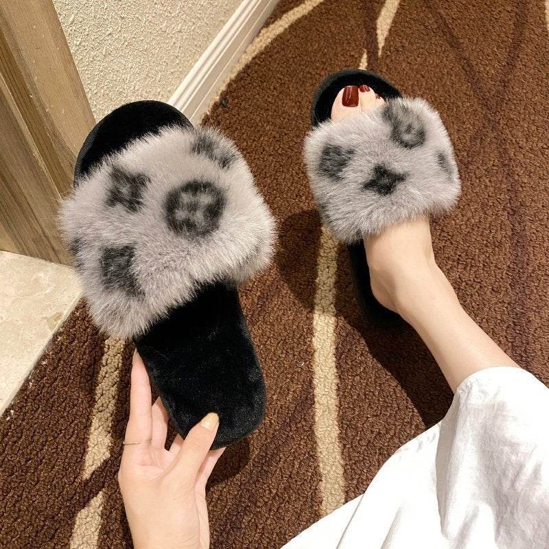 PVC word leopard wool slippers women - Mubimart