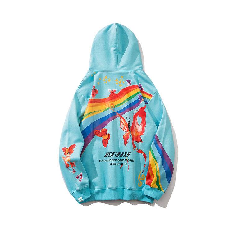 Hip Hop Rainbow Mens Streetwear Hoodie Sweatshirt Butterfly Print Pullover Cotton Casual Hooded Sweatshir Hipster Colorful - Mubimart