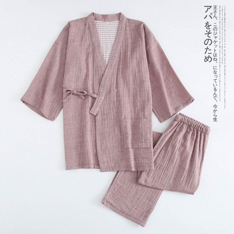 Woven Cotton Washed Color Spinning Double Gauze Kimono Pajama Set - Mubimart