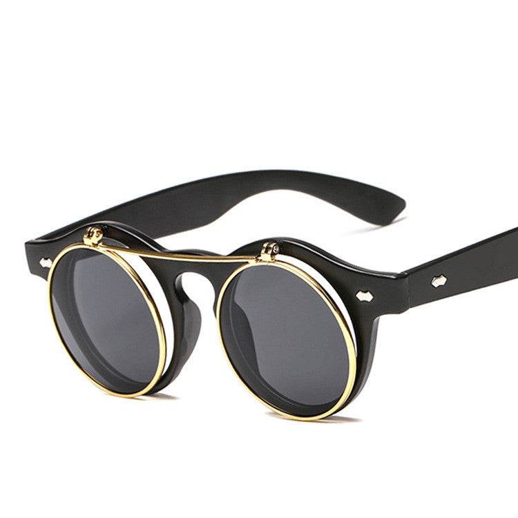 Sunglasses Women Brand Designer Retro Round Steampunk Steam Punk Metal Flip Cover Fashion Sun Glasses - Mubimart