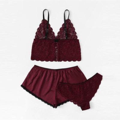 Satin Lingerie Lace Shorts Set - Mubimart