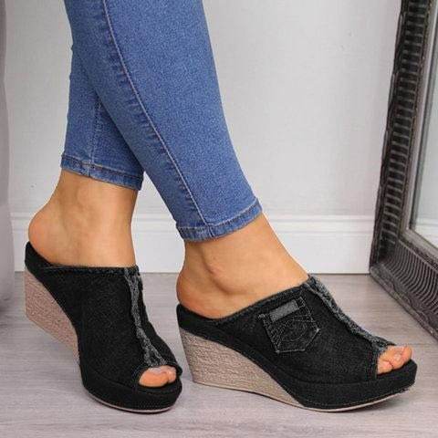 Denim high heels wedge sandals - Mubimart