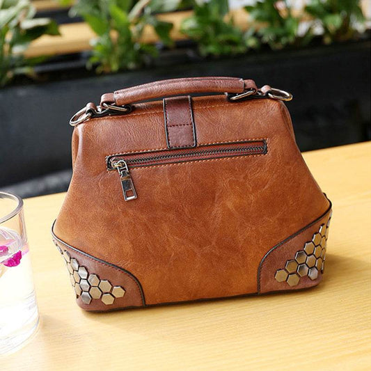 Women Handbag Leather Small Doctor Bag Women Shoulder Bag Female Crossbody Handbag Lock Chain Rivets Girls Vintage Women Bags - Mubimart