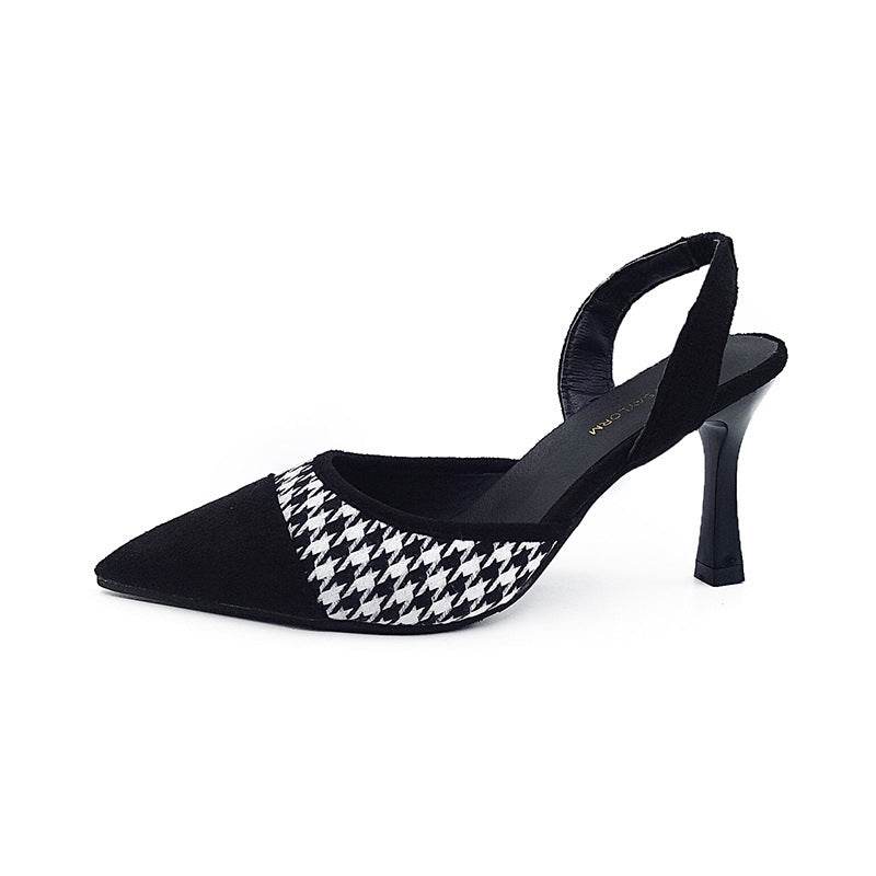 All-match pointed shallow mouth slingback strappy heel black sandals - Mubimart