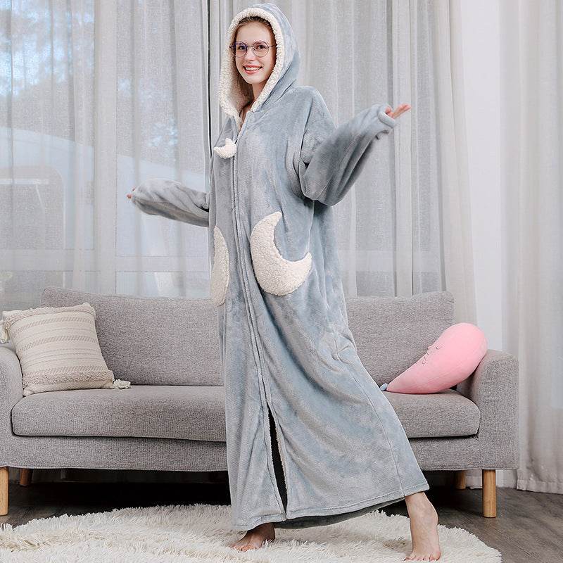 Women Men Winter Bath Robe Hooded Night Dress Gown Sleepwear - Mubimart