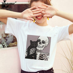 Horro Skull and Cat Femal Tshirt Top Tees kawai T-shirt - Mubimart - Graphic Tees 