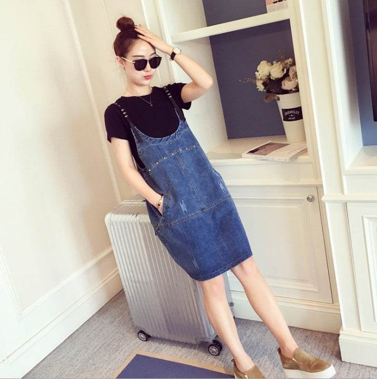 Fat mm denim strap skirt fat sister summer dress ageing gas suit large size women's slim two-piece suit - Mubimart