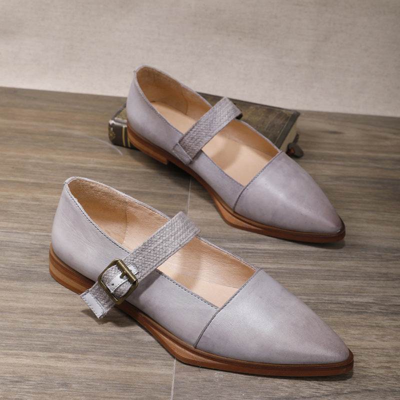 Women's leather pointed toe buckle retro flat shoes - Mubimart
