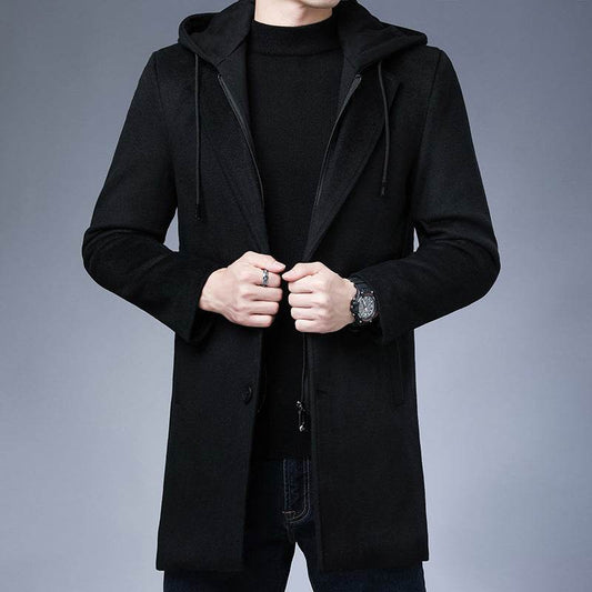 Mens Detachable Hooded Woolen Winter Coat Jacket Mid-Length Single Breasted - Mubimart