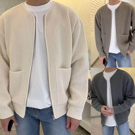 Men Zip Up Knitted Cardigan Lined Funnel Neck Jumper Sweater Pockets Coat All Seasons Comfortable Soft Long Sleeve - Mubimart