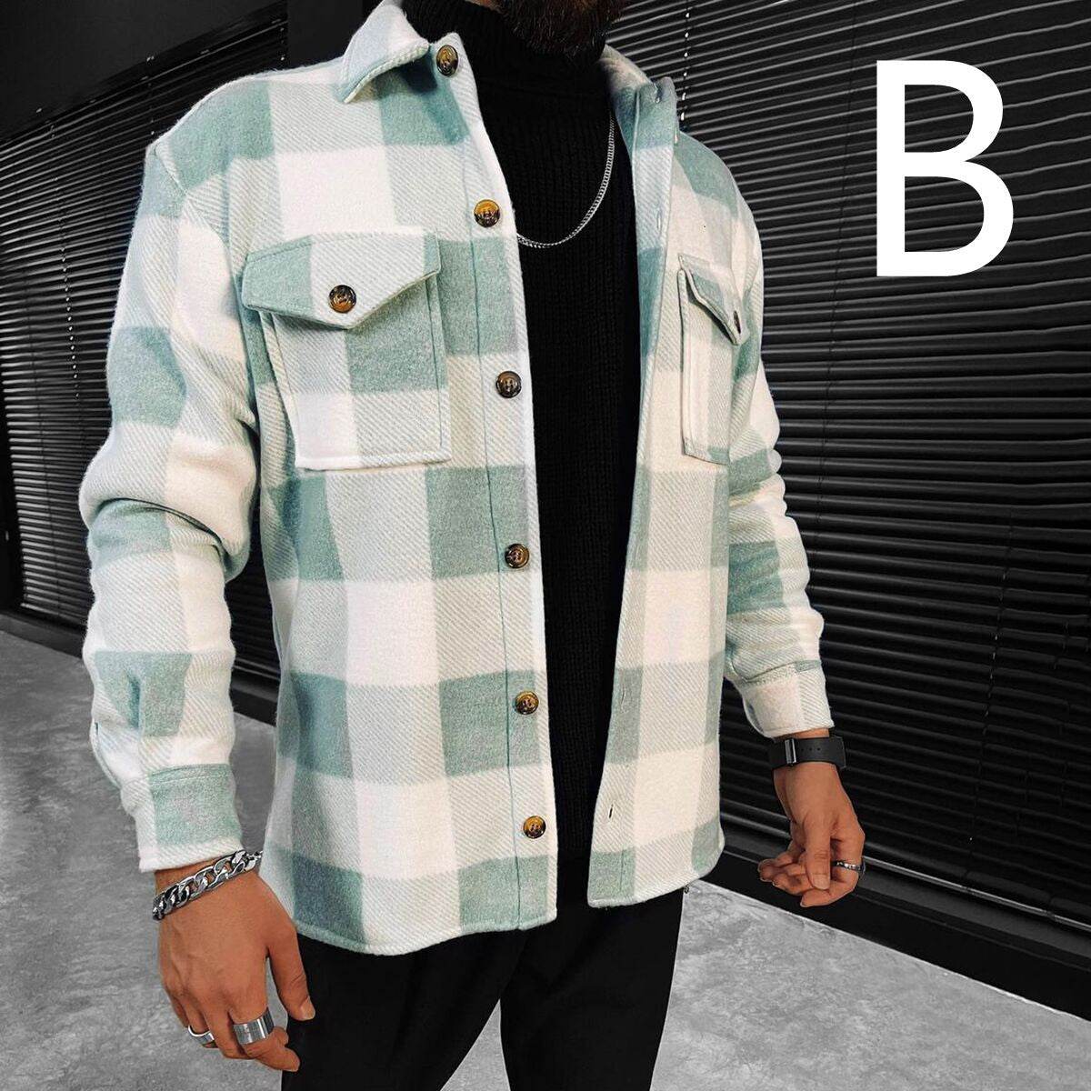 Men's Long Sleeve Plaid Shirt Jacket - Mubimart