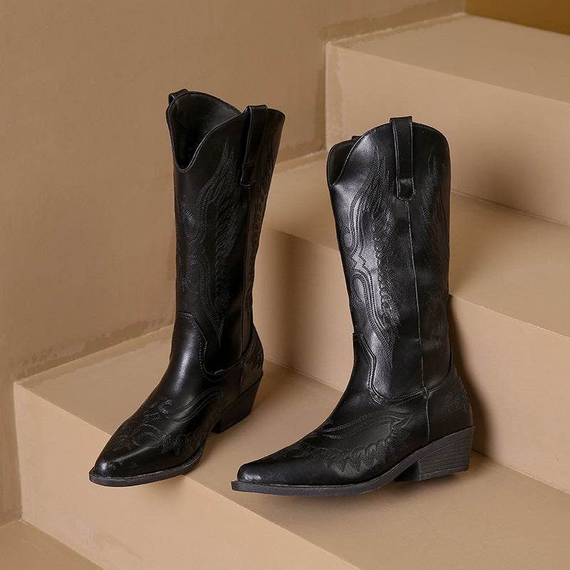 Fashion Embroidery Western Cowboy Boot Women Pointed Mid-calf - Mubimart