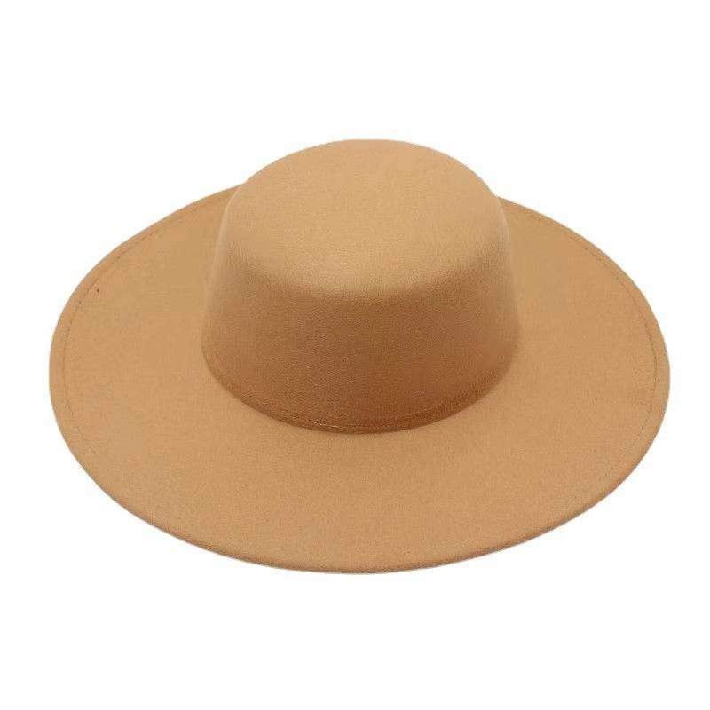 Flat Top Woolen Hat Big Brim Fedora Hat Hepburn Style - Mubimart