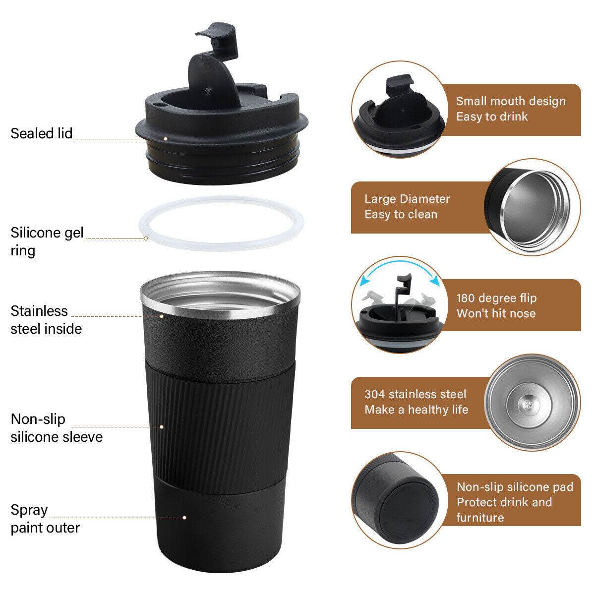 510ML Leakproof Insulated Thermal Travel Stainless Steel Coffee Mug Cup Flask - Mubimart