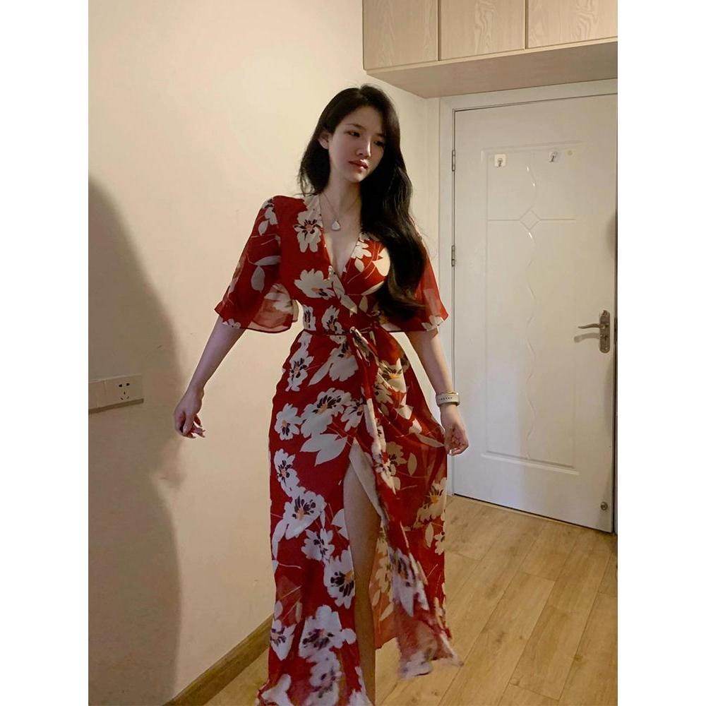 Plus Size Red For Women Printed V-neck Dress - Mubimart