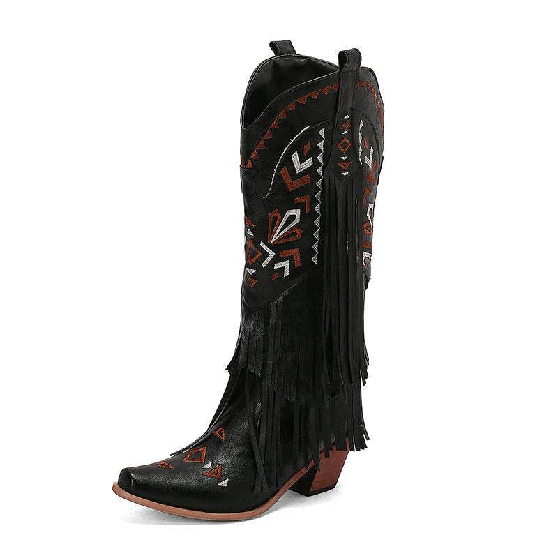 High Heel Tassel Decoration Below The Knee Western Cowboy Boot - Mubimart