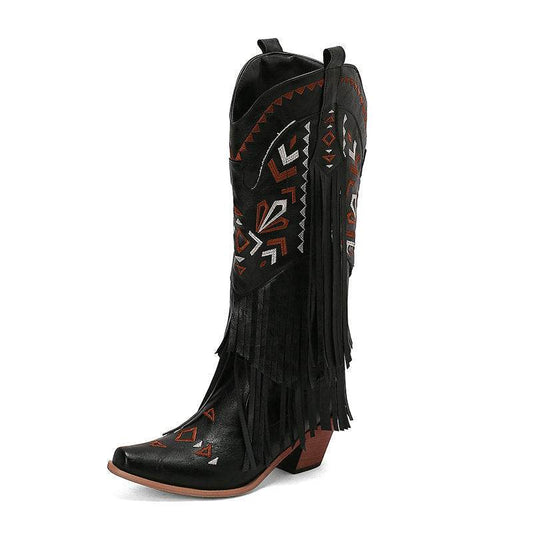 High Heel Tassel Decoration Below The Knee Western Cowboy Boot - Mubimart