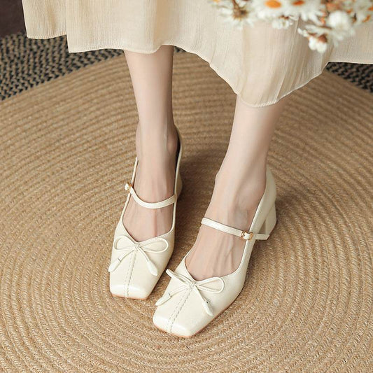 Bow Square Toe Mary Jane Shoes Women - Mubimart