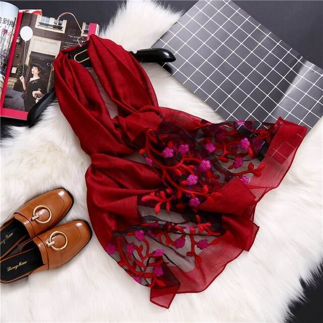 new brand women scarf fashion hollow Embroidery silk scarves lady shawls and wraps spring summer sunscreen beach stoles - Mubimart