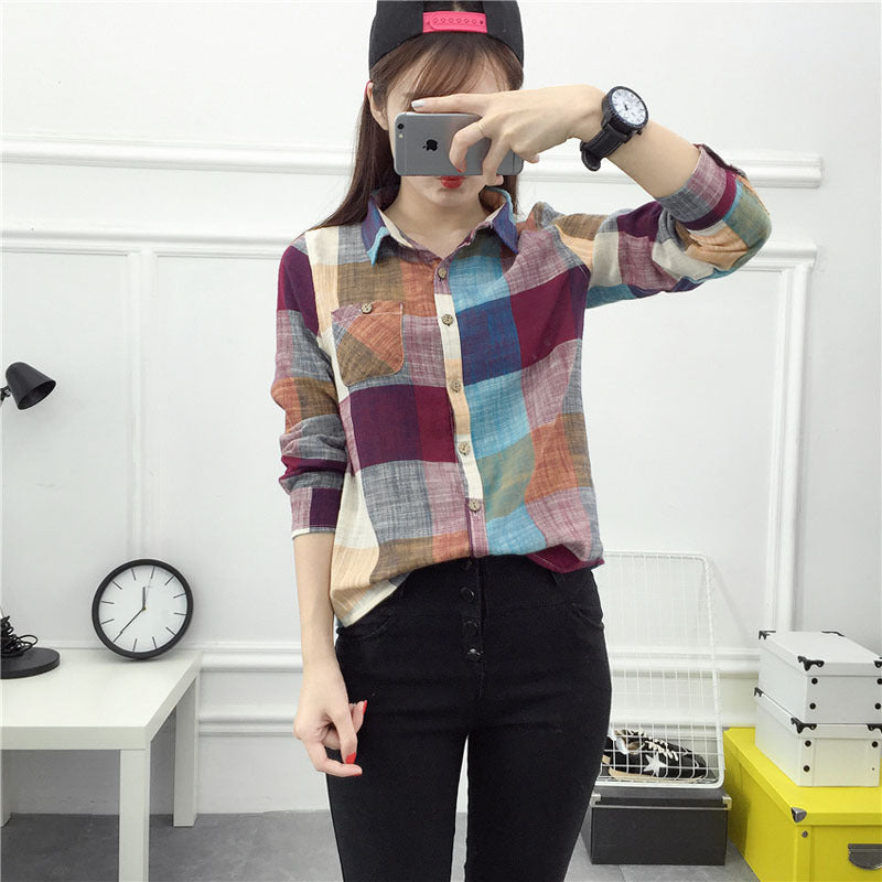 asual Plaid Women Blouses Kimono Vintage Linen Cotton Long Sleeve Blouse Female Shirts Tops - Mubimart -  