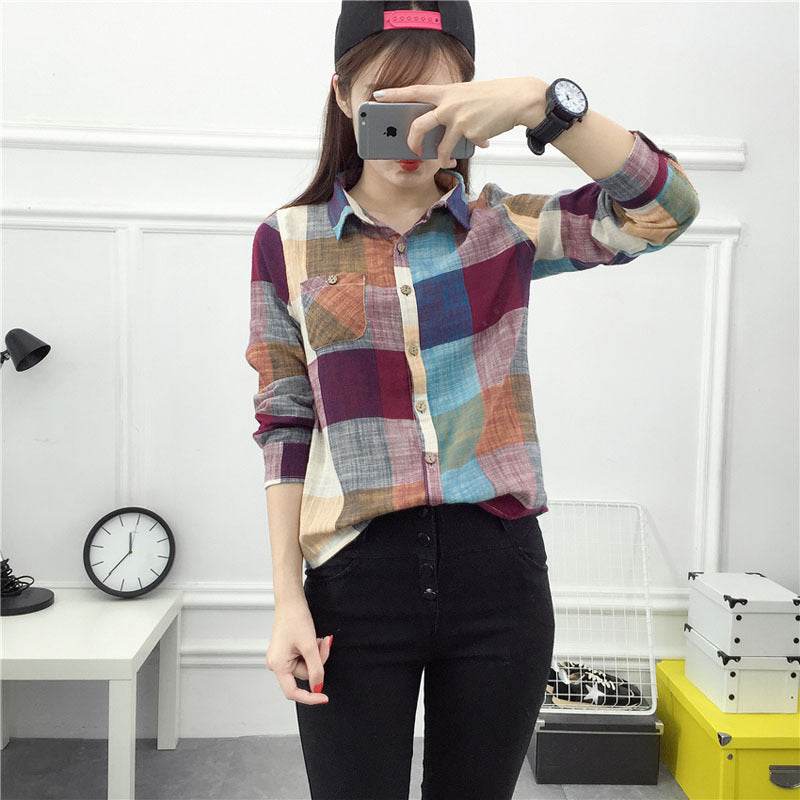 asual Plaid Women Blouses Kimono Vintage Linen Cotton Long Sleeve Blouse Female Shirts Tops - Mubimart