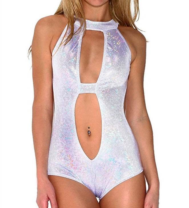 Lychee Harajuku Punk Summer Sexy Women Bodysuit Holographic Laser Hollow Out Sleeveless Bodysuits - Mubimart